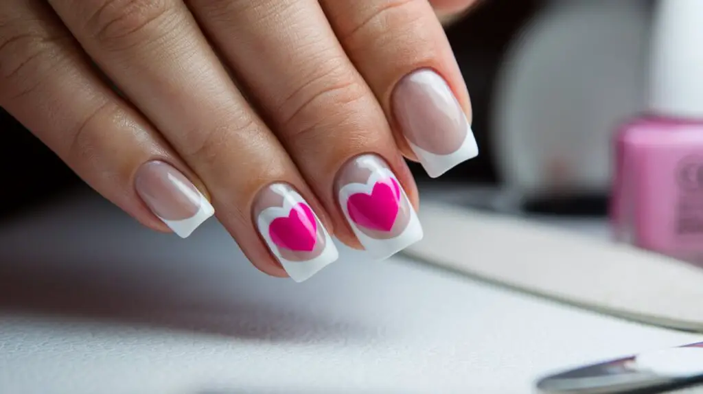 French Tip Nails with Pink Heart