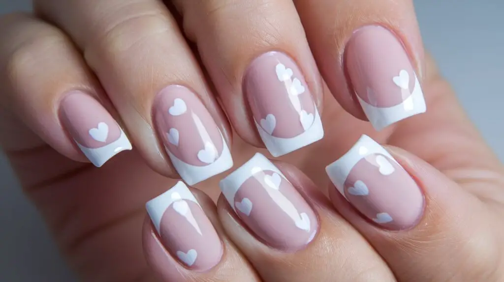 French Tip Nails with little white Hearts