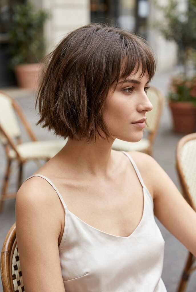 French bob with choppy textured ends and a wispy fringe on a woman in side profile at a café terrace French bob with choppy textured ends and a wispy fringe on a woman in side profile at a café terrace