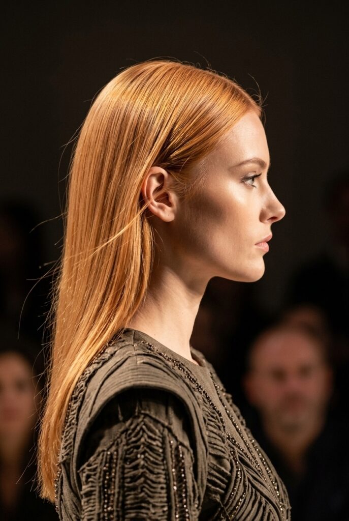 French fashion parade female model with warm golden lightest auburn hair dye