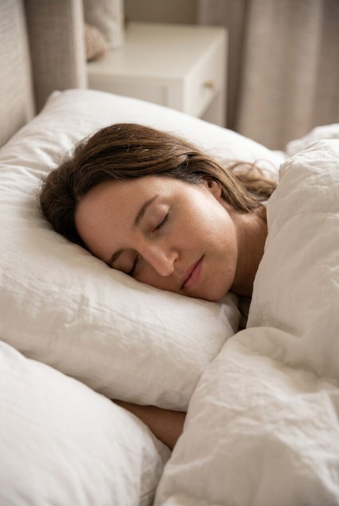 French woman in her 30s sleeping peacefully to support skin repair and reduce aging