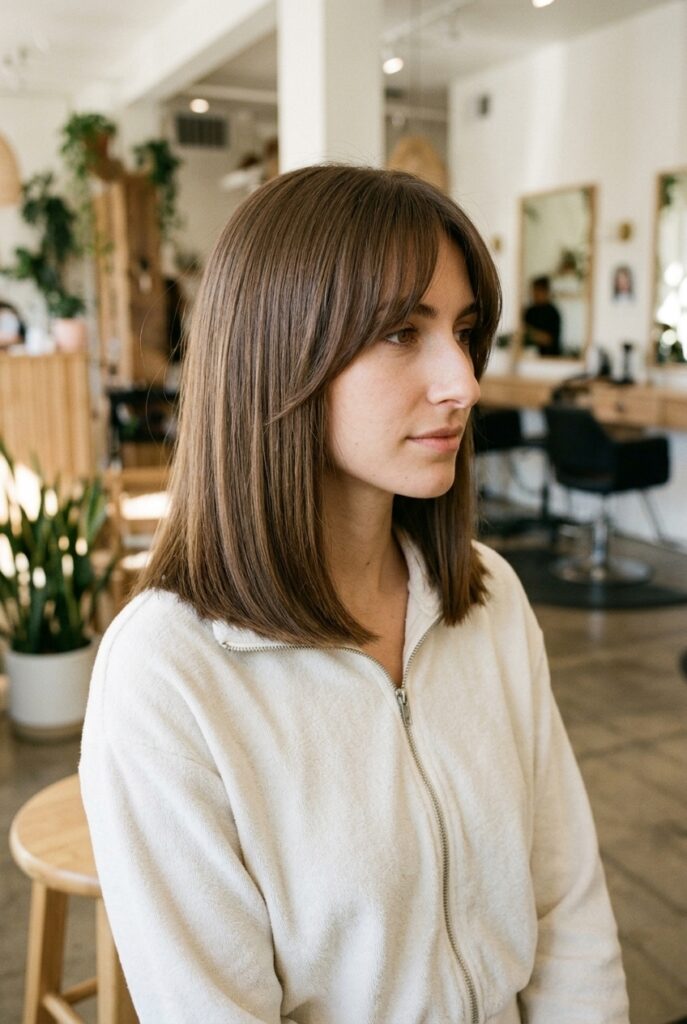 Front profile of a woman with a blunt lob and curtain bangs wearing a terry cloth zip-up inside a hair salon