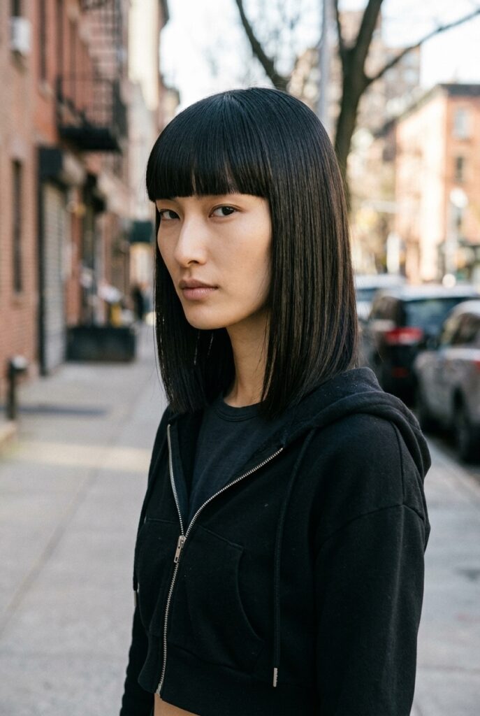 Front profile of a woman with a blunt shoulder length cut and straight across blunt bangs wearing a cropped zip-up hoodie on a city sidewalk