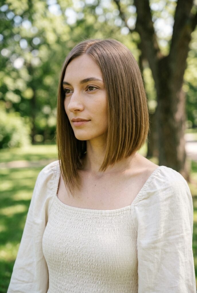 Front profile of a woman with an asymmetric shoulder length blunt haircut wearing a smocked midi dress in a sunny park
