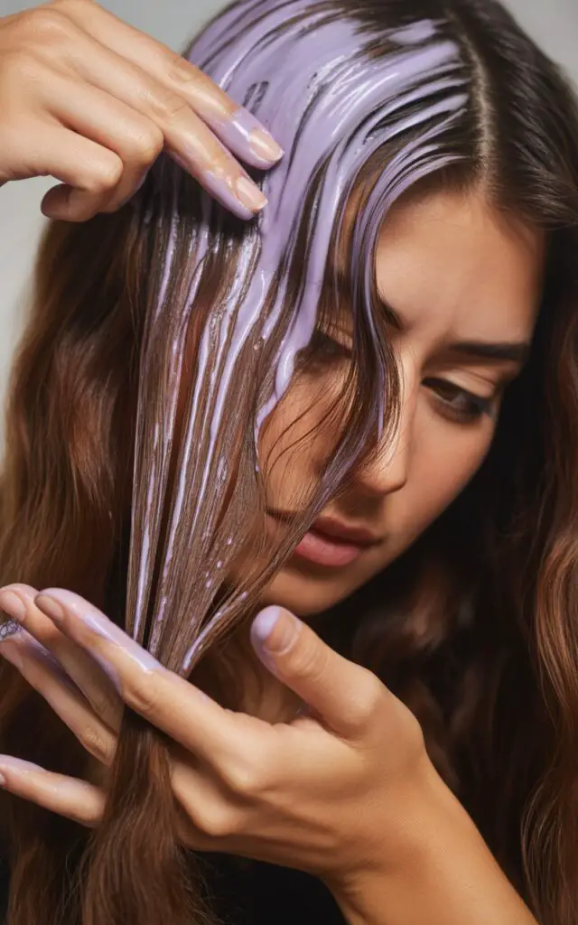 Full closeup to a woman applying toner treatment to prevent Brassy Tones and get Rich Brunette Hair Color