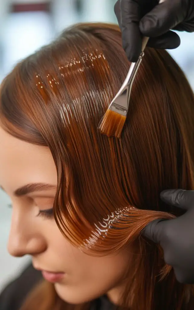 Full closeup to a woman receiving hair gloss treatment to prevent Brassy Tones and get Rich Brunette Hair Color