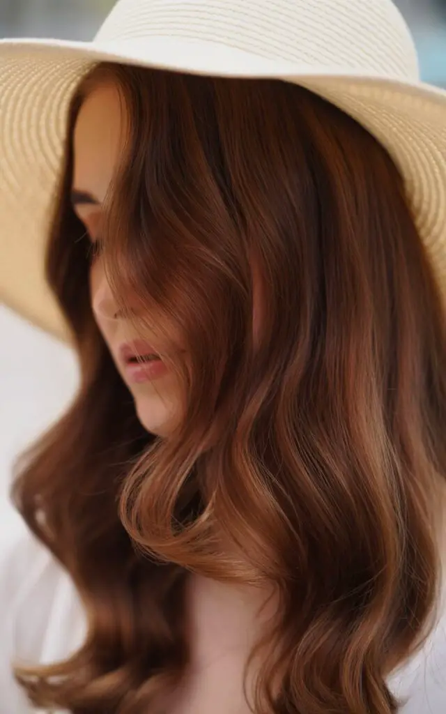 Full closeup to a woman wearing a wide-brimmed hat to prevent Brassy Tones and get Rich Brunette Hair Color