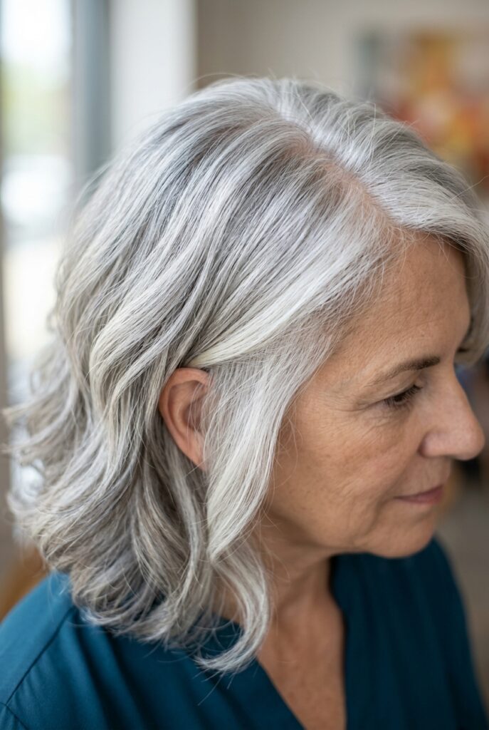 Full silver hair with bright white face framing pieces