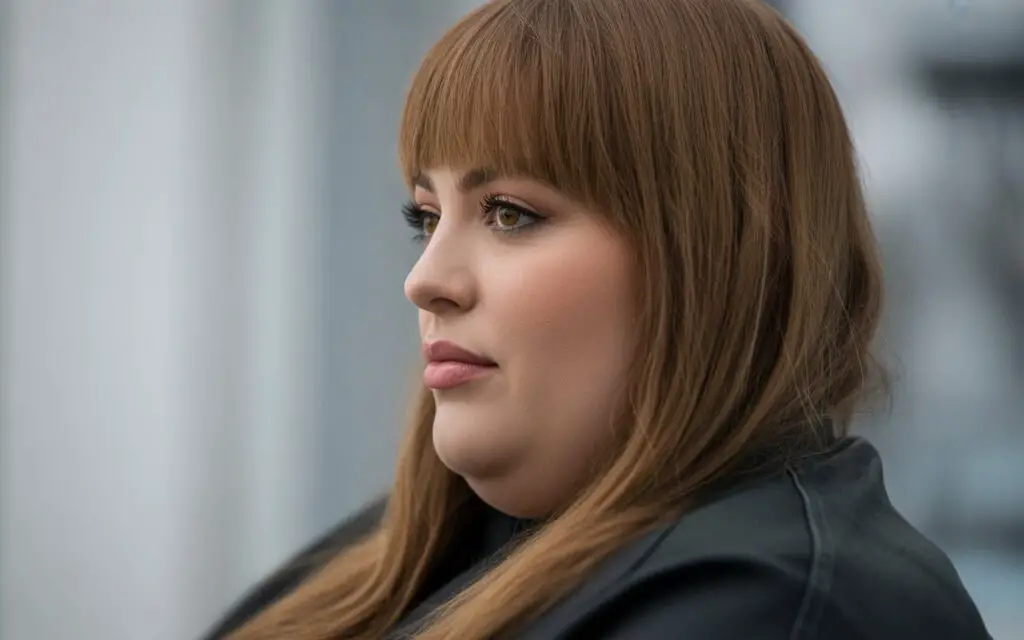 Woman with round chubby Face and Framing Bangs