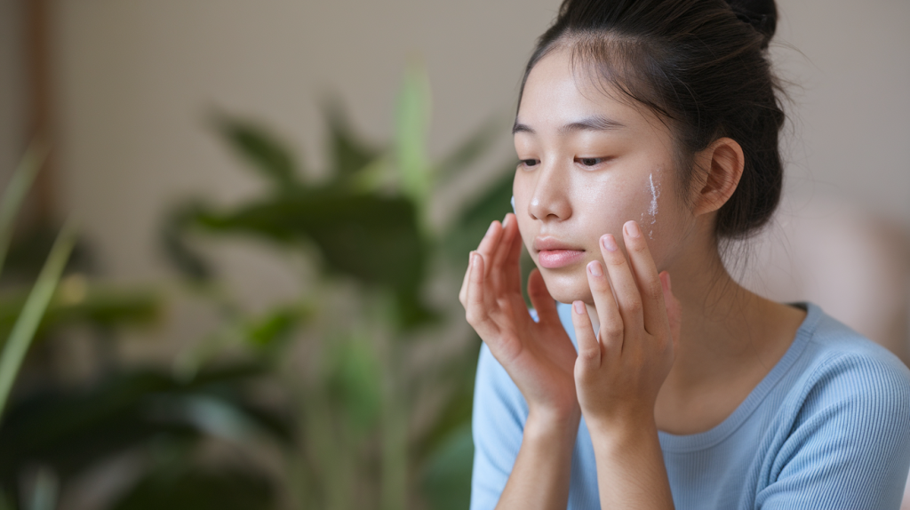 Asian female teen with oily skin taking care of her skin. She is wearing a light blue top and has her hair tied up in a bun