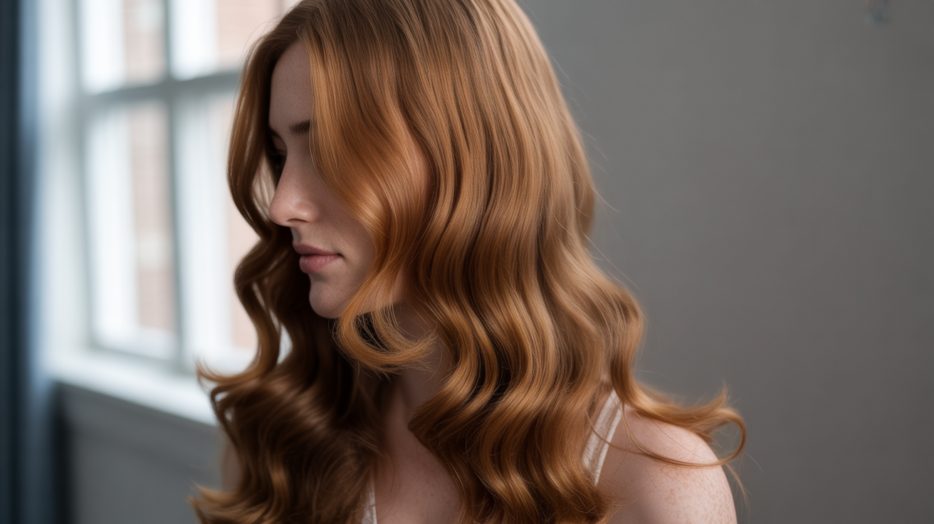 A professional studio portrait photograph focusing on a Belgian woman’s cascade of long, flowing, auburn hair.