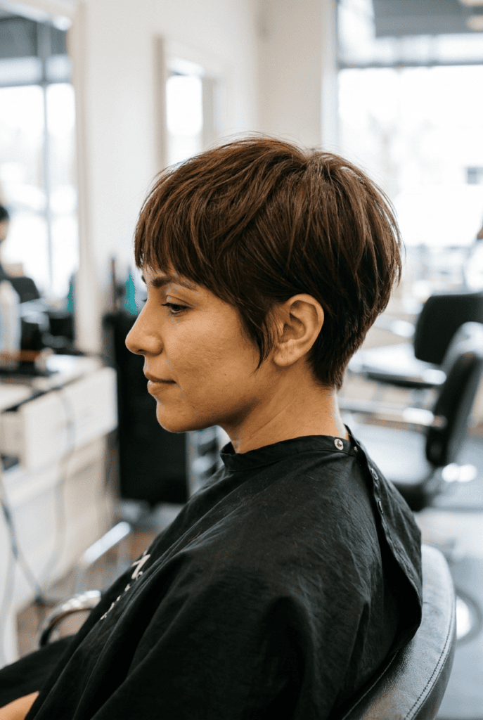 Getting the Cut Right at the Salon Woman with freshly cut French pixie showing point cut ends and tapered sides at salon