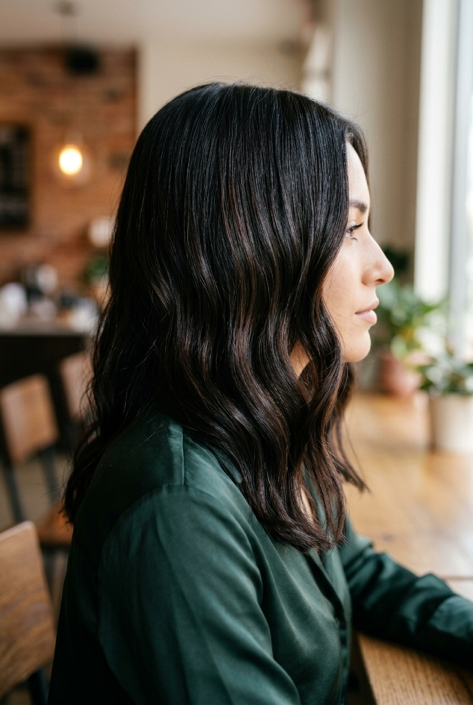 Glossy Espresso Woman with glossy espresso brown hair wearing a satin blouse in a coffee shop
