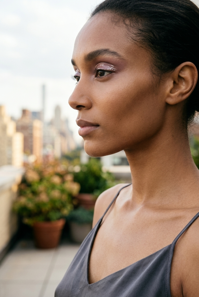 Woman with glossy wet look eyelids in side profile on a rooftop terrace wearing a flowy camisole top
