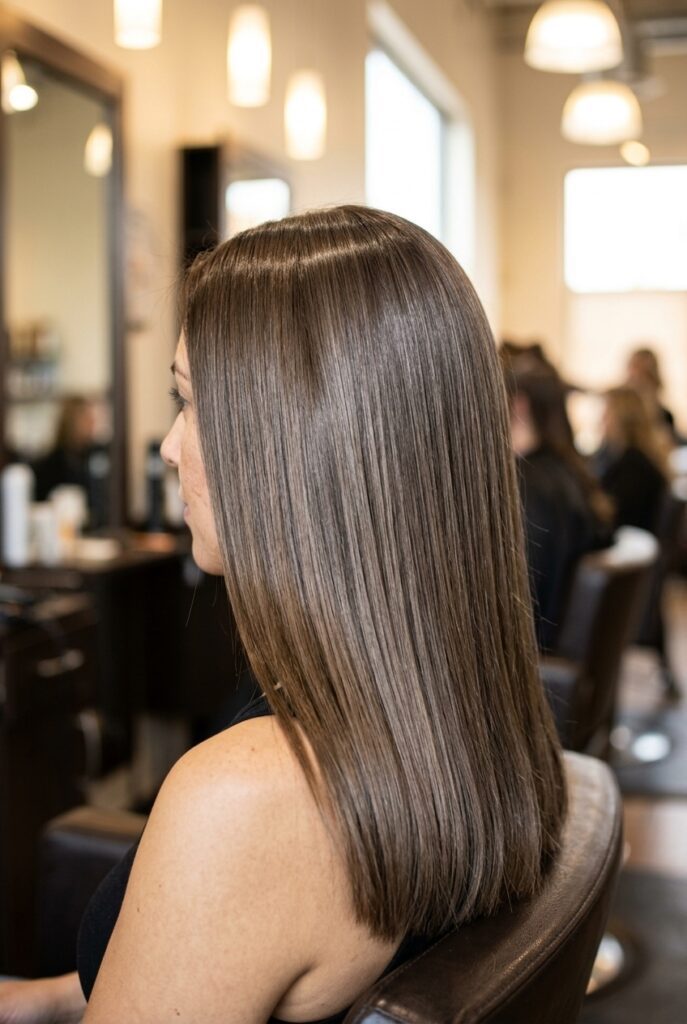 Glossy ash brunette hair after a gloss treatment Glossy ash brunette hair after a gloss treatment