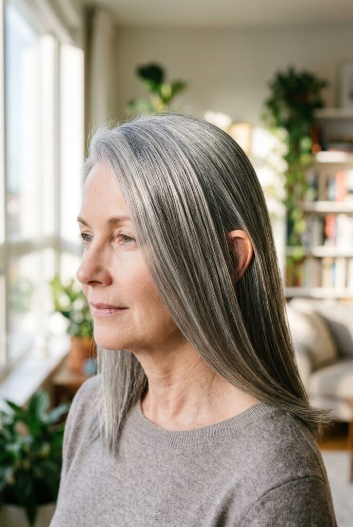 Glossy polished silver hair with mirror like shine