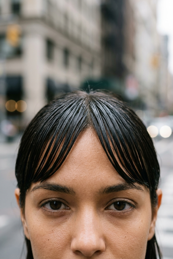 Woman with French bangs styled sleek with wet look gel