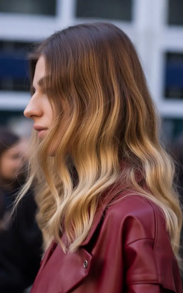 Golden Bronde Ombré hair with rich brown roots transitioning to golden blonde ends in dramatic gradient effect