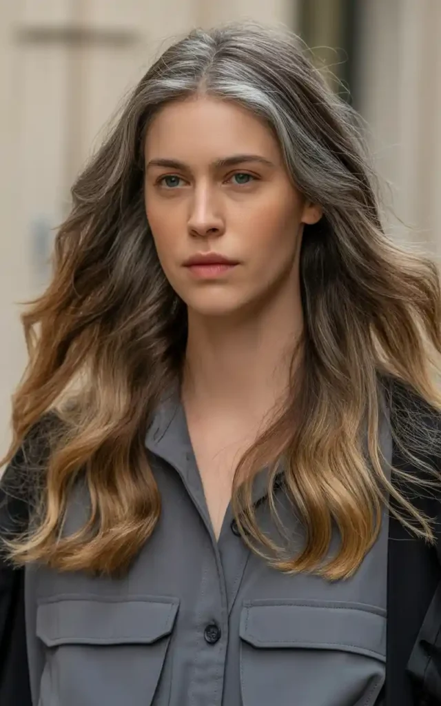 Golden Brown with Caramel Lowlights blended with natural gray