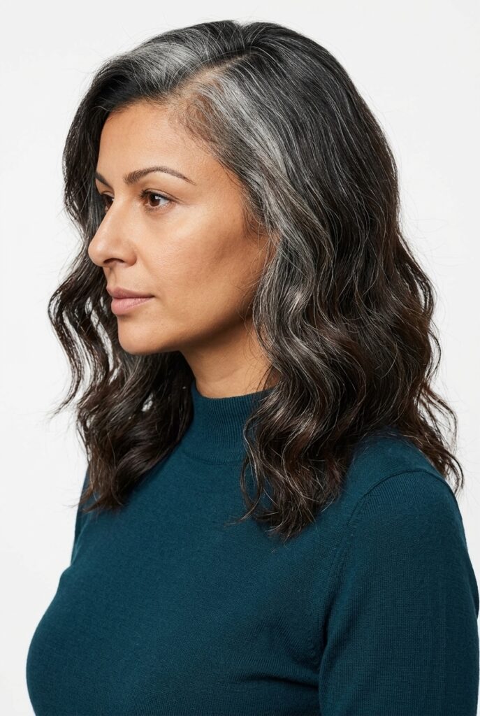 Gray hair grow-out styled with a shifted part, loose waves, or texture to naturally disguise the root-to-color transition
