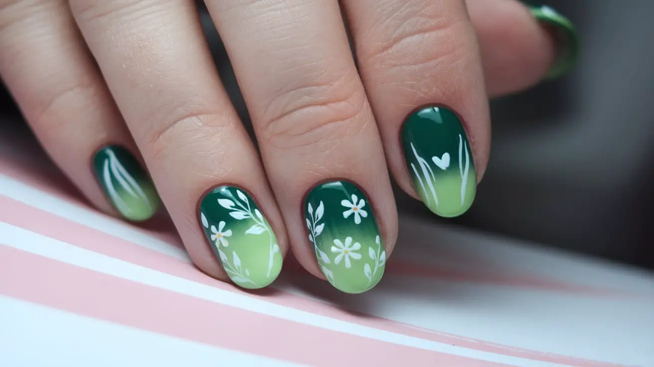 Green Nail Design with Flowers