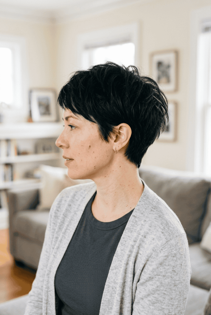 Woman with grown out pixie haircut and oval face