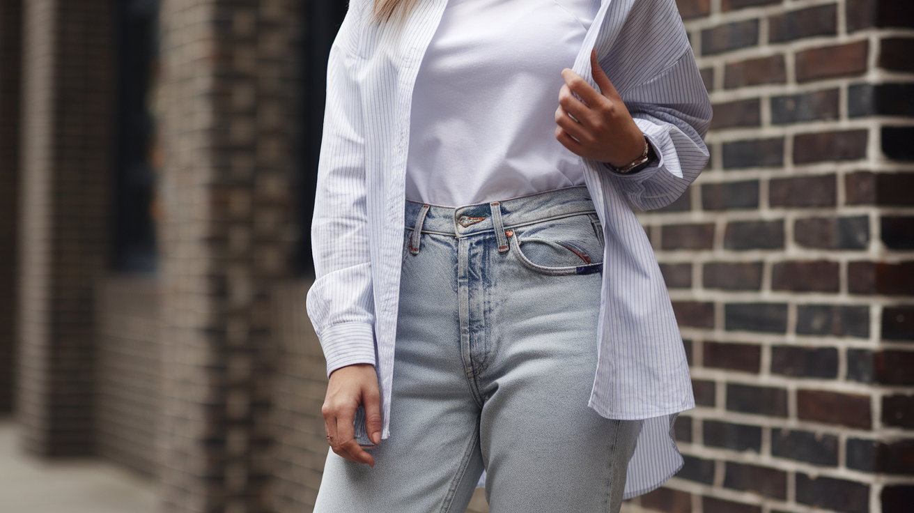 woman wearing a casual outfit consisting of a white shirt and light wash denim jeans