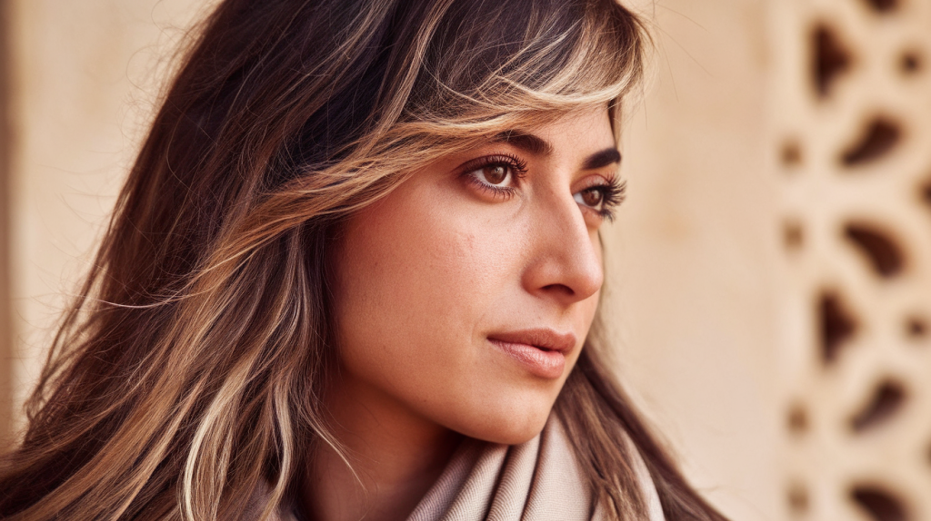 A close-up side profile photo of an Algerian woman with long hair, layers, and side bangs. The warm lighting accentuates the texture of her hair. She has brown eyes and wears a beige scarf around her neck. The background is blurred and contains a beige wall with a pattern.