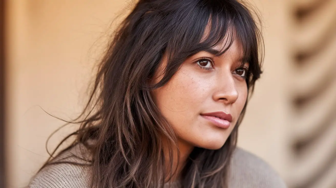 A close-up, side profile photo of an Antiguan woman with long hair and face-framing layers. Her hair is dark brown and falls past her shoulders. She has brown eyes and wears a beige sweater. The background is blurred and consists of a beige wall with a pattern. The lighting is warm.