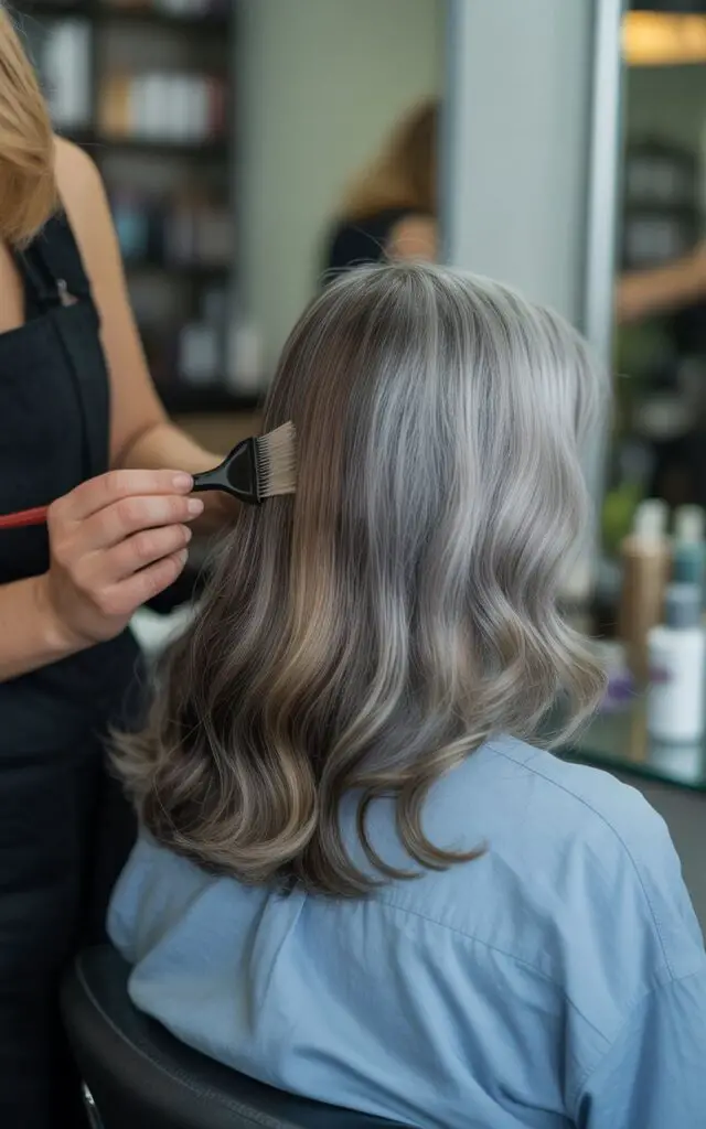 Hair colorist applying babylights to woman with gray hair transition