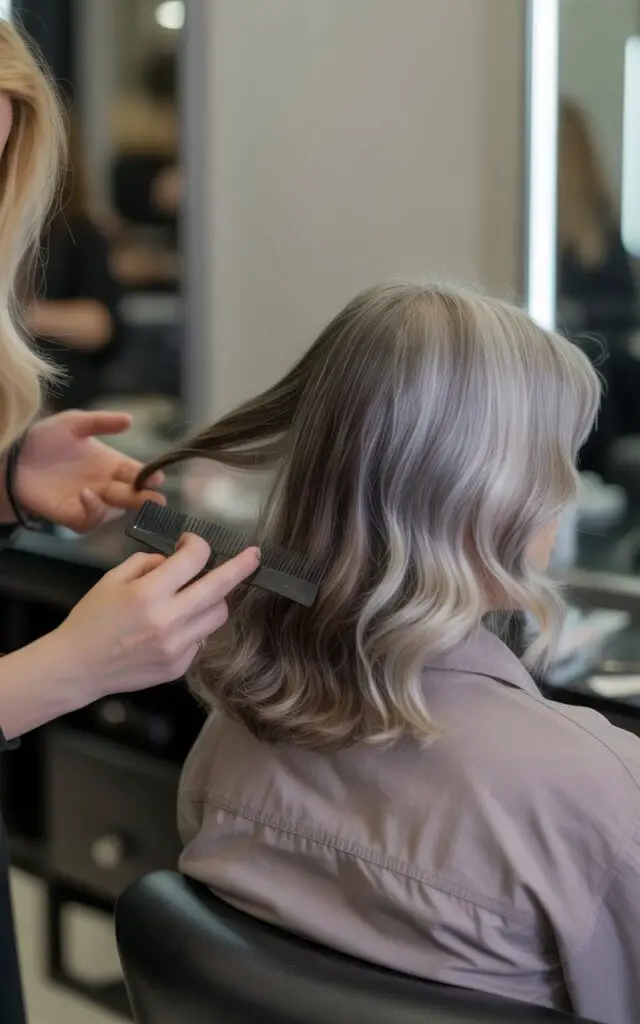 Hair colorist applying highlights and lowlights to woman with gray hair transition