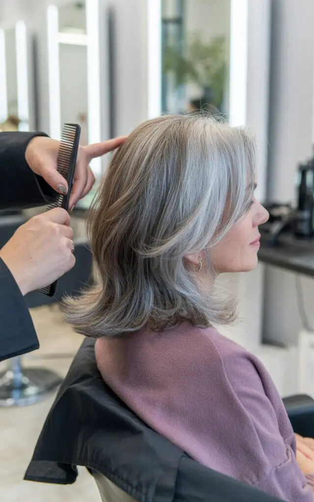 Hair stylist cutting strategic layers on woman with gray hair transition