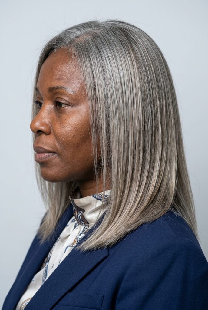 Hair treated with a semi-permanent toner or gloss during gray grow-out