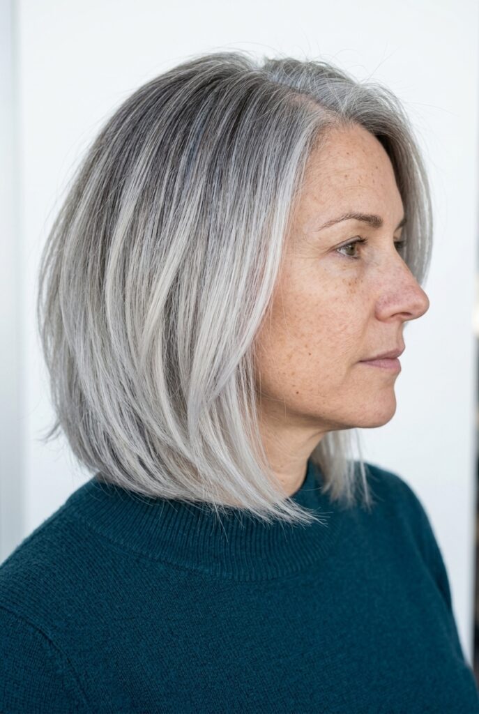 Hair with a root smudge technique blending natural gray roots into colored ends