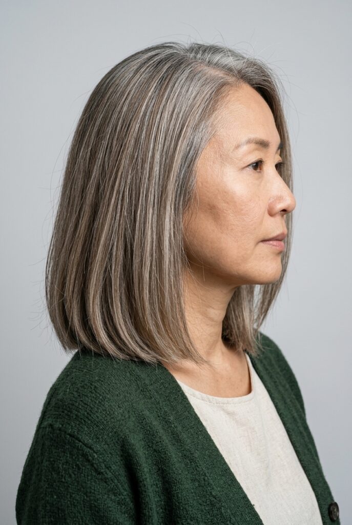 Hair with babylights blending natural gray roots into colored lengths