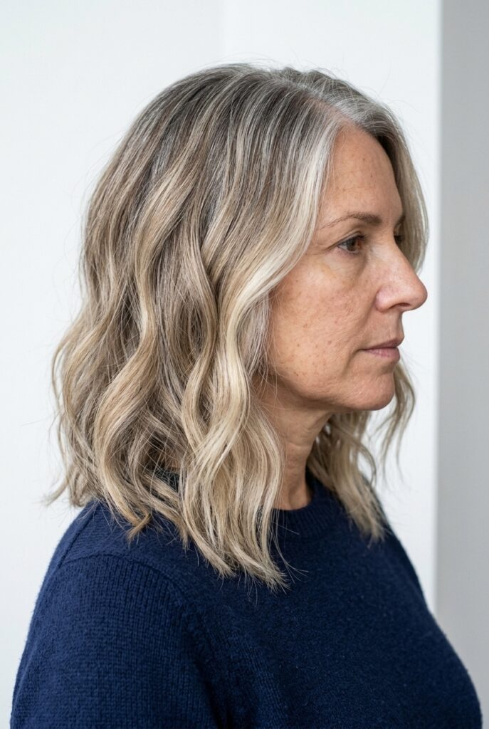 Hair with balayage hand-painted highlights blending into natural gray grow-out