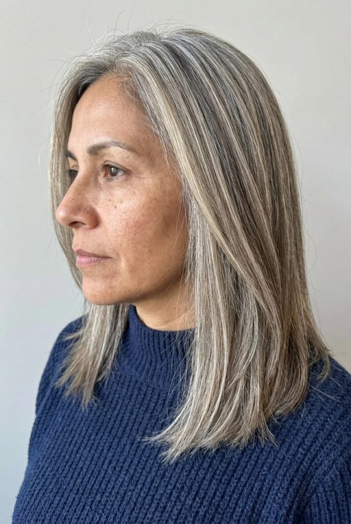 Hair with highlights and lowlights blending gray roots into dyed lengths