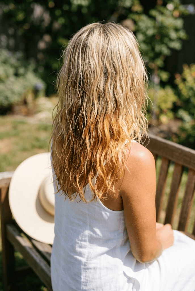 How Much Sun Exposure Actually Helps Damp sun kissed blonde hair outdoors with a wide brim sun hat nearby