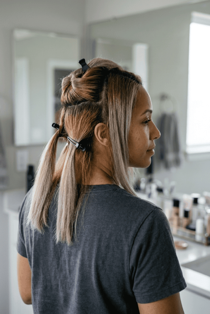 How to Apply Toner Step by Step Woman with hair sectioned into clips showing toned ends