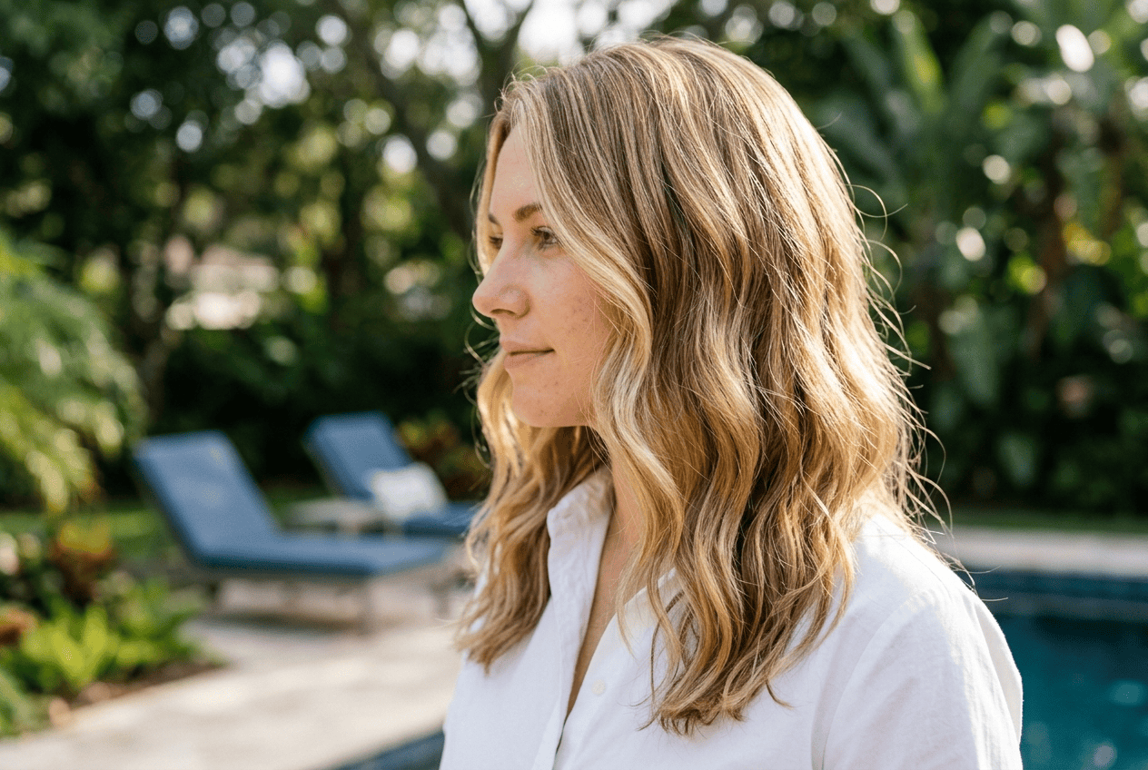 Woman with sun lightened golden blonde highlights outdoors near a pool