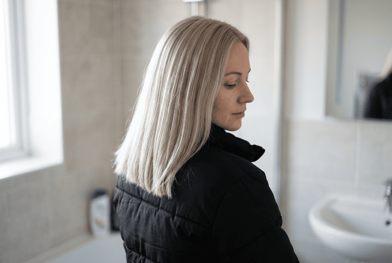 Woman with cool toned blonde hair after toning treatment