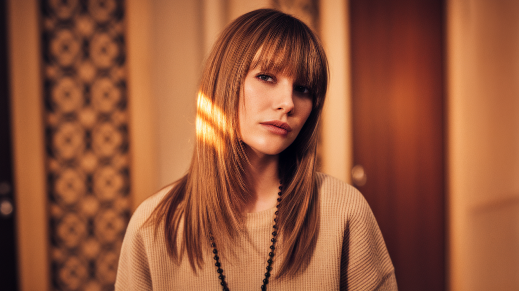 A photo of a woman with long straight hair and a layered cut. She has brown hair and is wearing a beige sweater and a black necklace. The lighting is warm, casting a golden hue on her face and hair. The background is blurred and contains a patterned wall and a door.