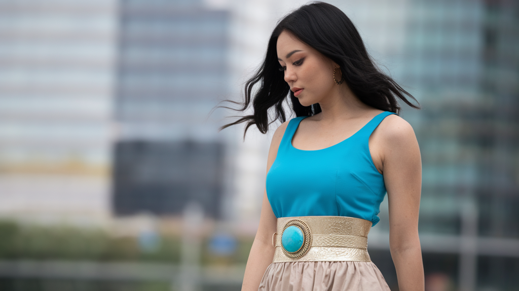 A photo of a woman with a side profile view, wearing a waist belt outfit accessory. She has black hair and is wearing a turquoise top and a beige skirt. The belt is gold and has a large turquoise stone