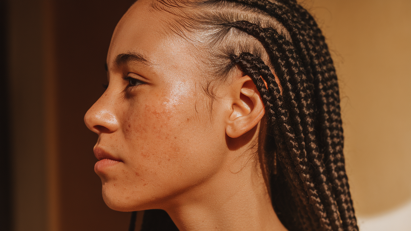 A side profile photo of an Antiguan woman with oily acne-prone skin. She has dark brown skin and her hair is worn in braids. The lighting is warm and soft.