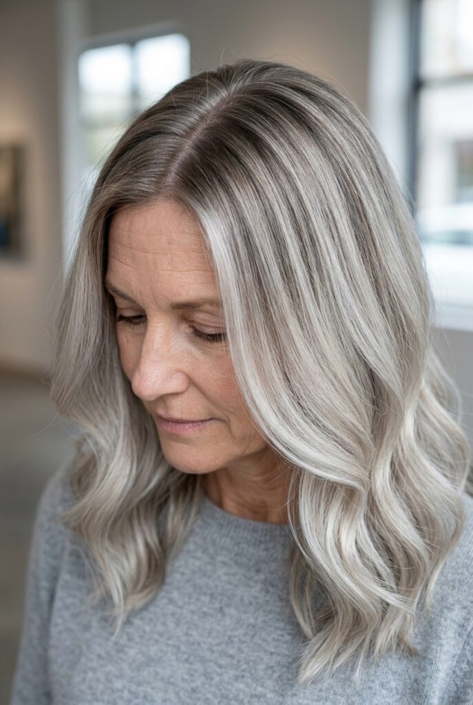 Icy platinum hair with a soft ash root melt
