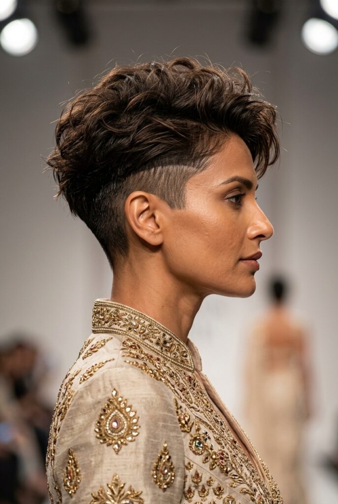 Indian fashion parade female model over 40 with a textured pixie undercut hairstyle