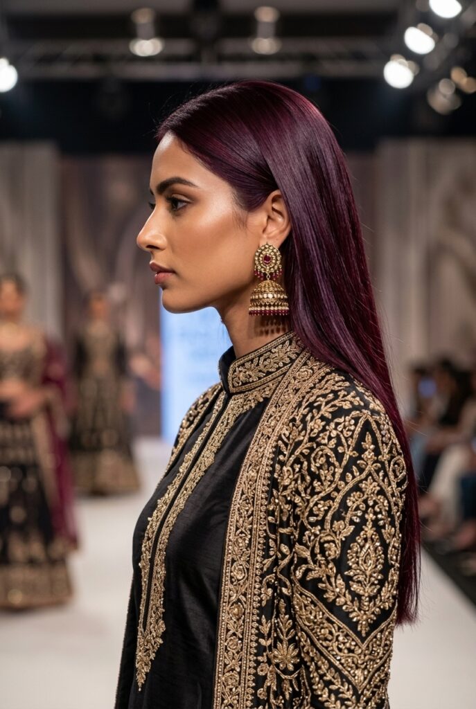 Indian fashion parade female model with dark plum-leaning jewel-toned ruby red hair dye