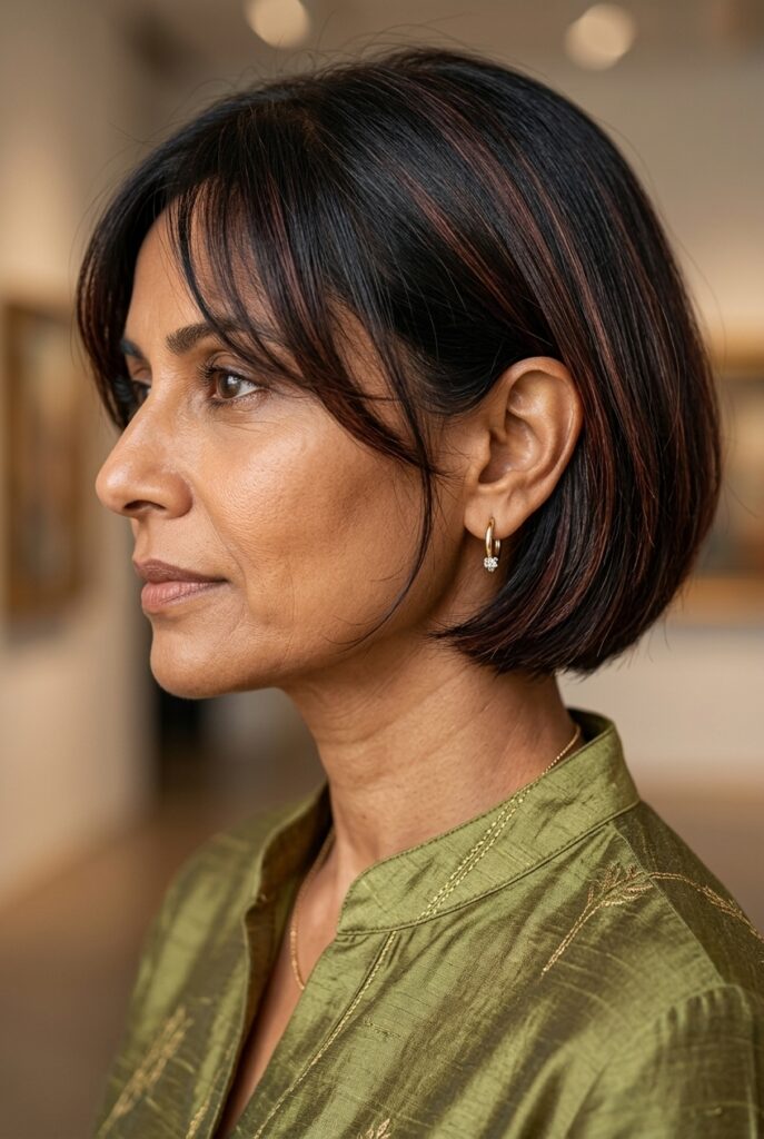 Indian female model in her late 40s with an ear-length bob haircut and soft curtain bangs