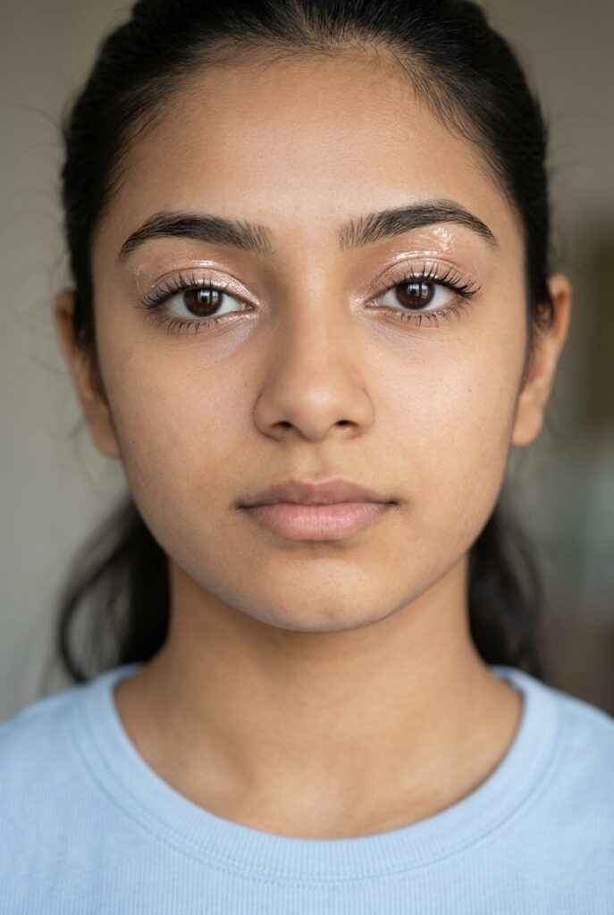 Indian teen girl with glossy lid makeup, sheer champagne eyeshadow with a glassy lit-from-within finish