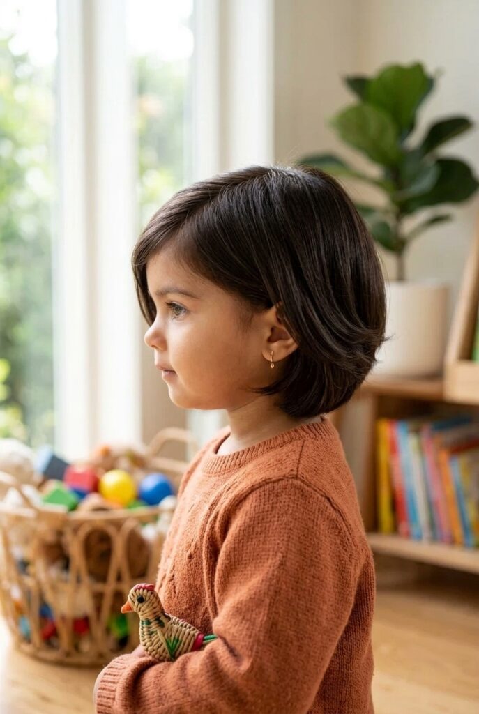 Indian toddler girl, closeup to her layered bob haircut